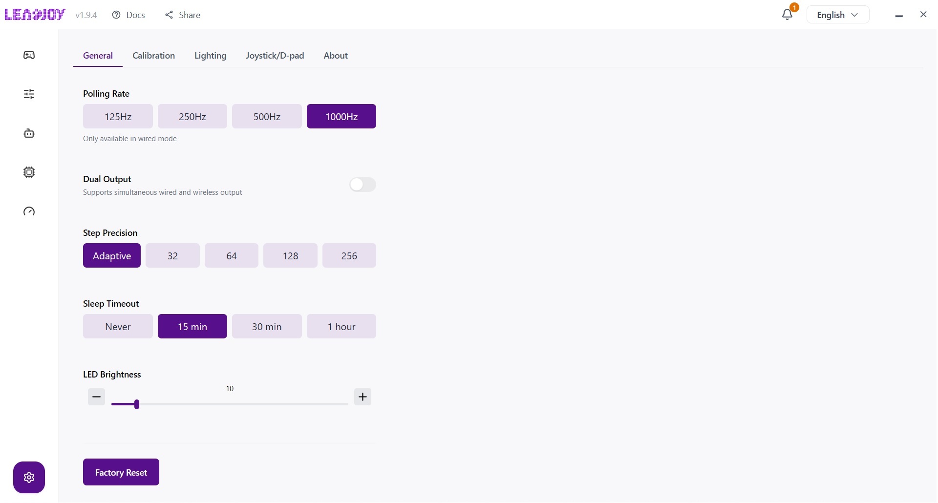 Leadjoy Saber Plus Review – $60 Symmetrical Controller with JS13 Pro TMR Sticks 20 Screenshot of the Leadjoy Saber Plus PC software showing the general settings.
