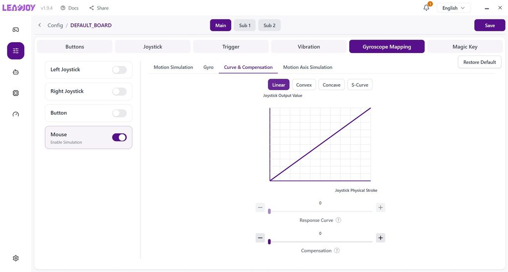 Leadjoy Saber Plus Review – $60 Symmetrical Controller with JS13 Pro TMR Sticks 19 Screenshot of the Leadjoy Saber Plus PC software showing the gyroscope settings.