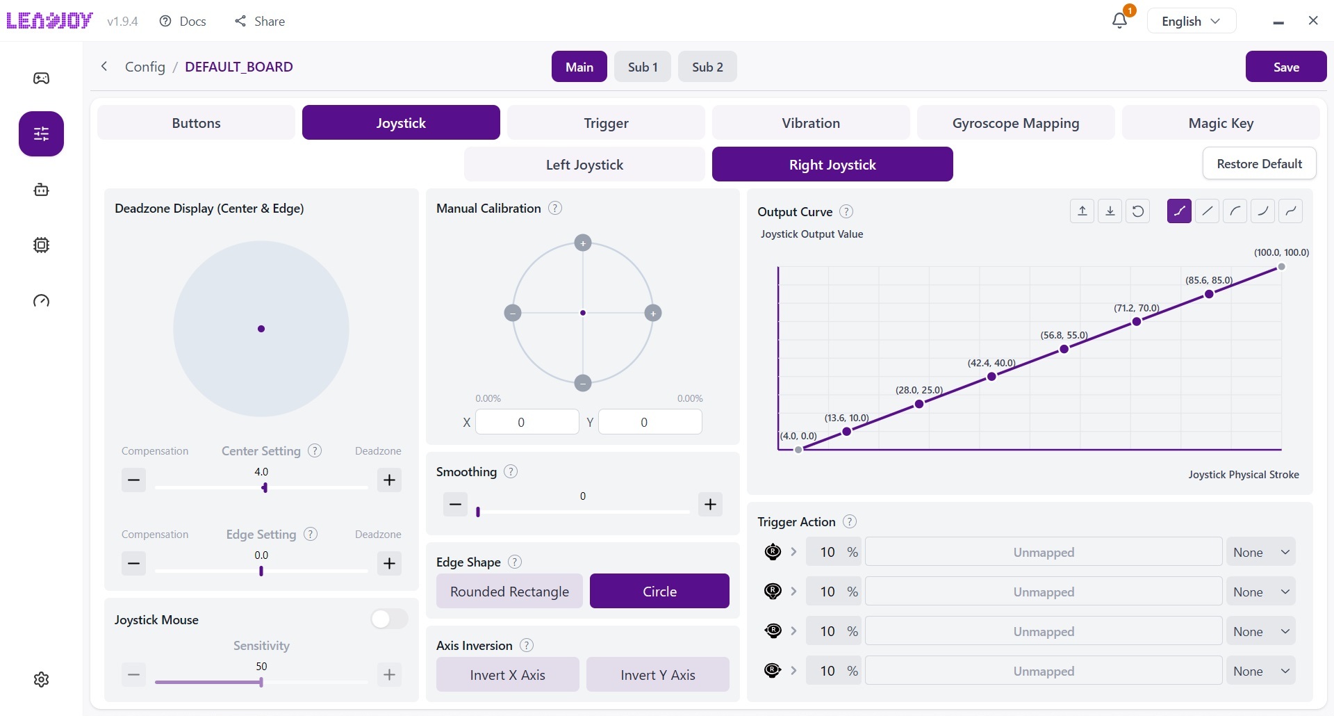 Leadjoy Saber Plus Review – $60 Symmetrical Controller with JS13 Pro TMR Sticks 18 Screenshot of the Leadjoy Saber Plus PC software showing the stick settings.