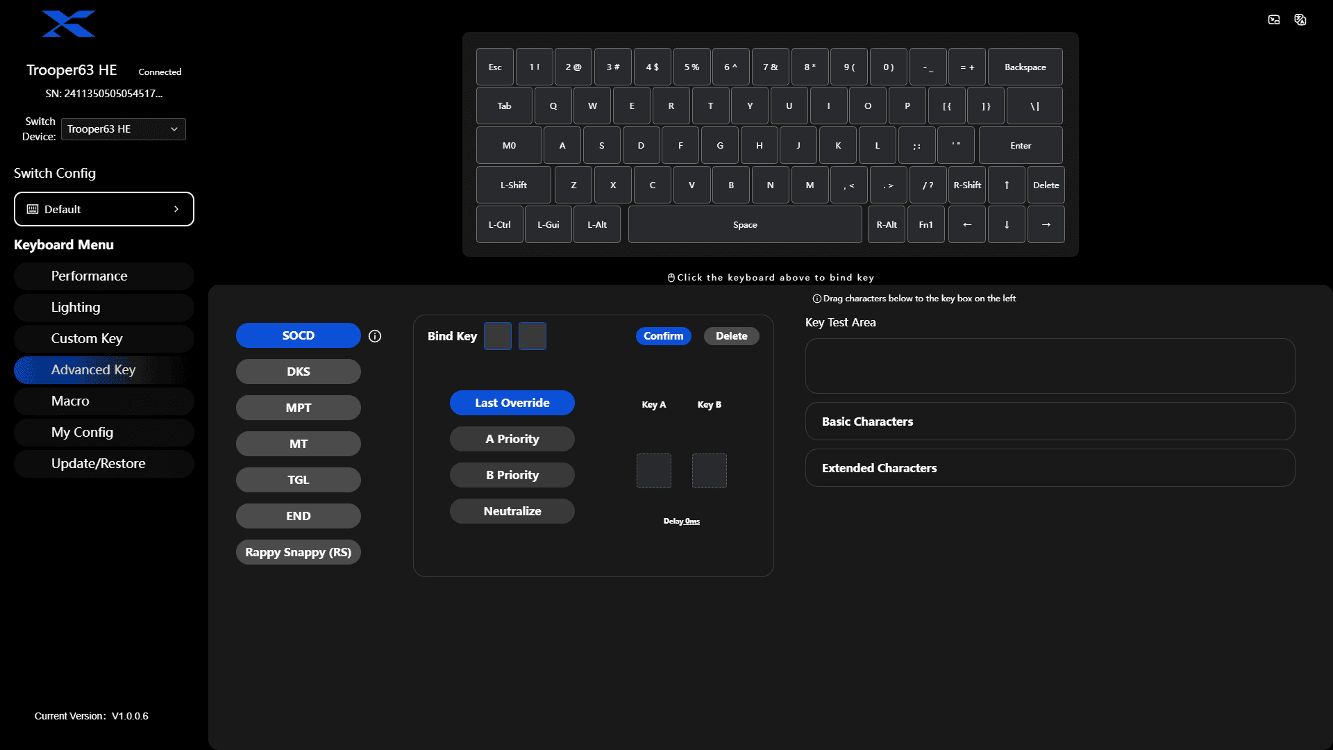 The Advanced Key tab in the XVX Trooper63 HE software.