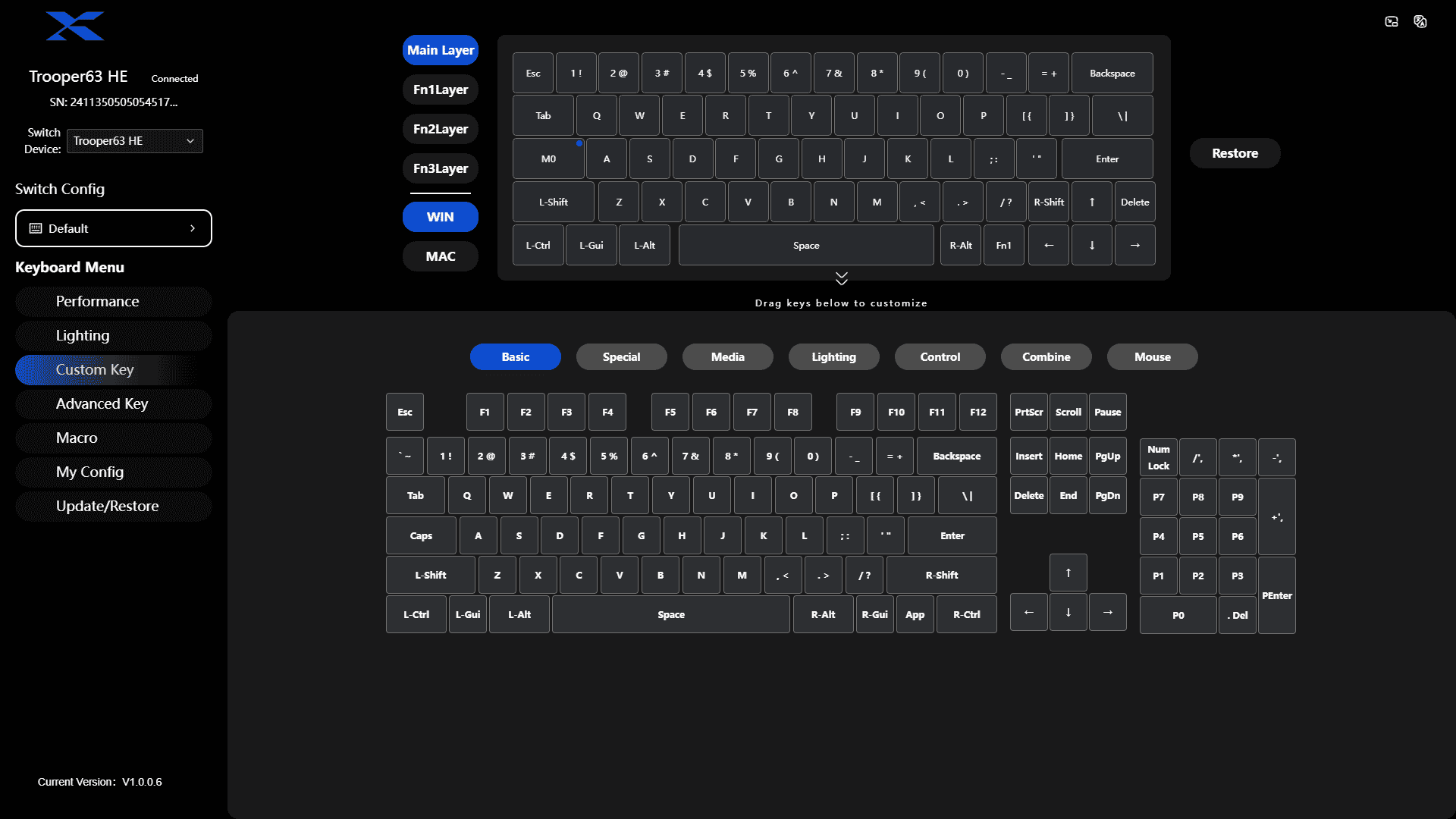 The Custom Key tab in the XVX Trooper63 HE software.