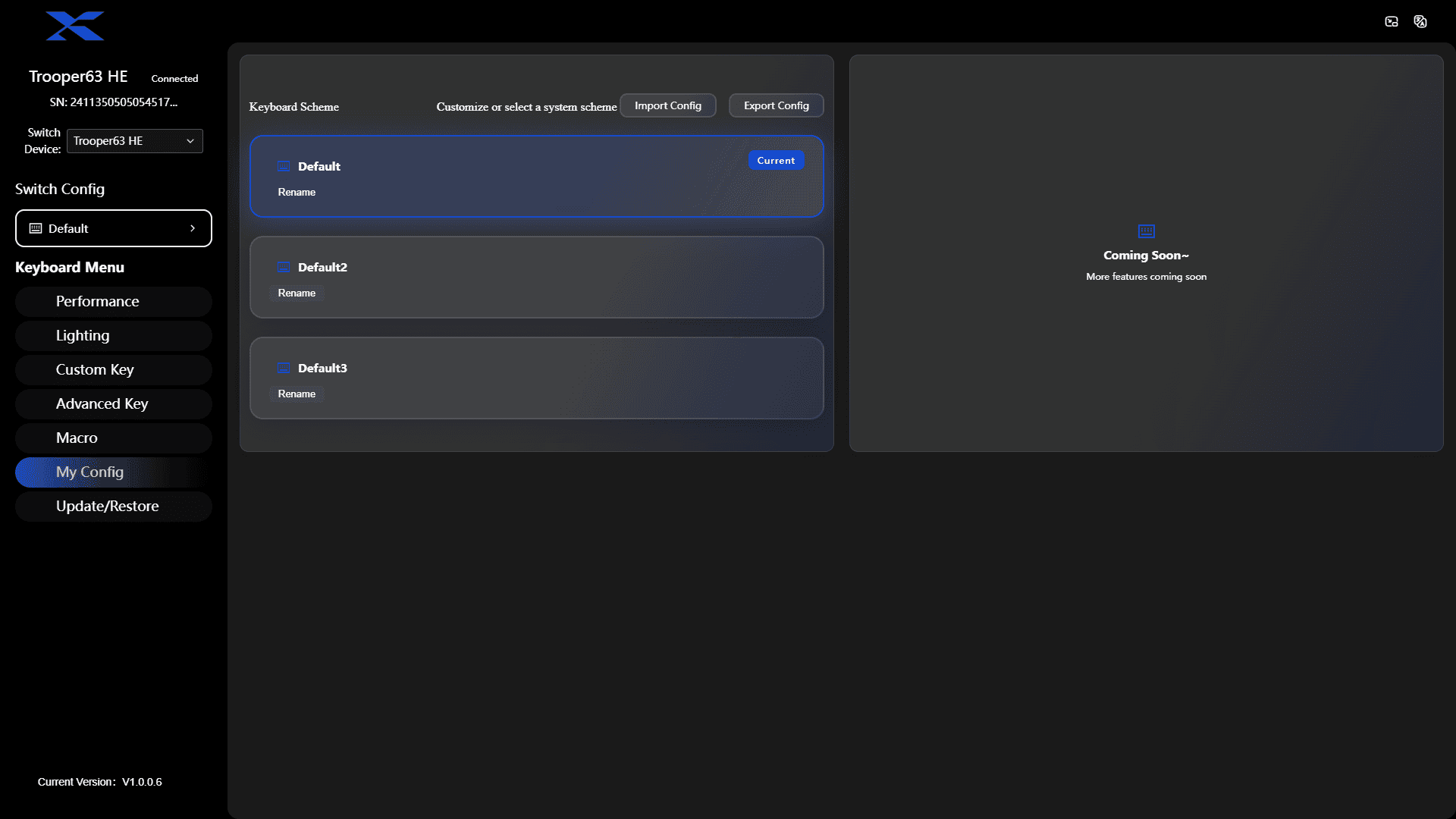 The My Config tab in the XVX Trooper63 HE software.