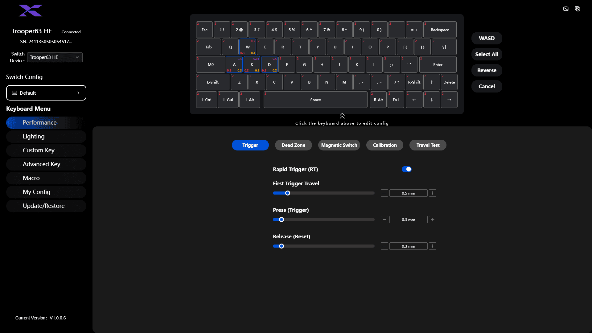 The XVX Trooper63 HE software showing the Performance tab and its available keyboard settings.