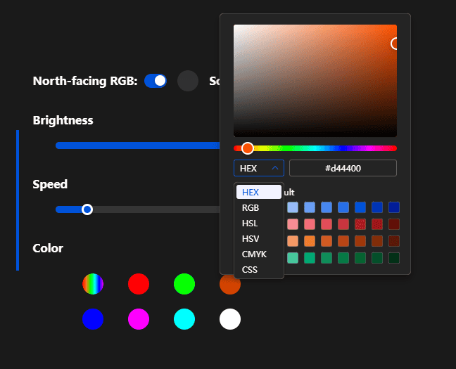 The XVX Trooper63 HE software showing the available RGB lighting color customization options.