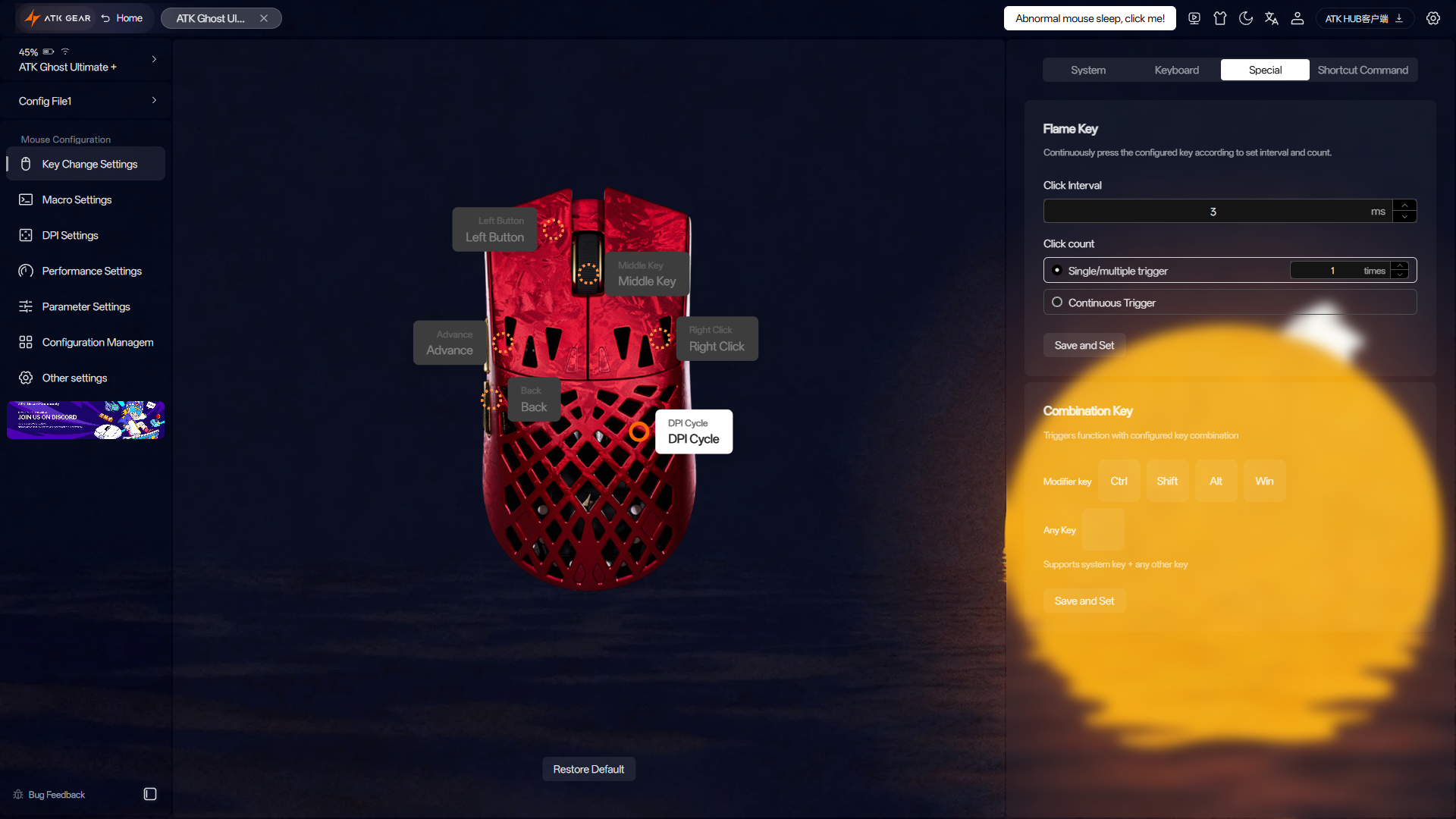 ATK Ghost Review – A Distinctive Take on the Lightweight Carbon Fiber Gaming Mouse 20 ATK Hub software showing the Key Change settings for the ATK Ghost gaming mouse.