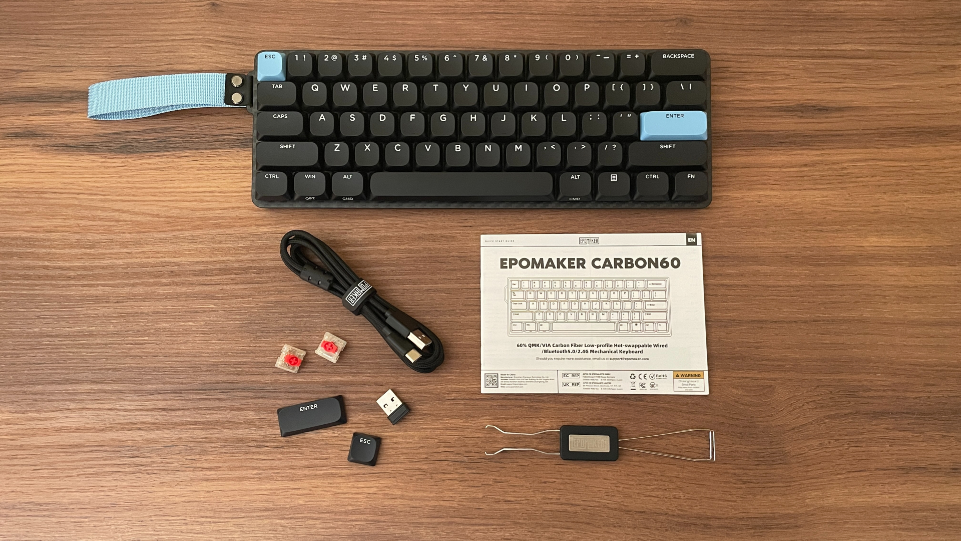 Epomaker Carbon60 Review – A Portable Low-Profile Keyboard with a Carbon Fiber Case 3 Epomaker Carbon60 low-profile mechanical keyboard with its included accessories.