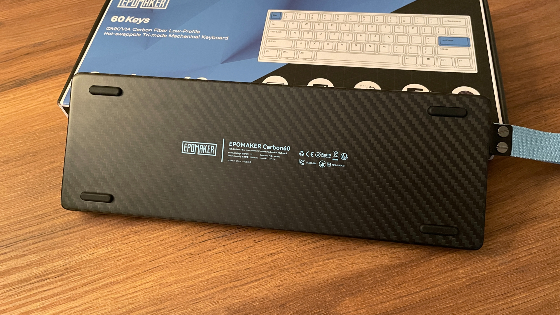 Epomaker Carbon60 Review – A Portable Low-Profile Keyboard with a Carbon Fiber Case 8 Bottom view of the Epomaker Carbon60 showing the underside of its carbon fiber case.