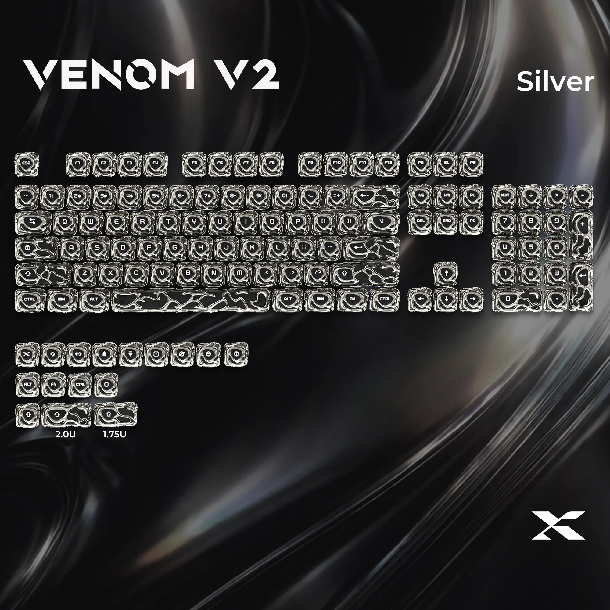Keycap layout diagram showing all keycaps included with the XVX Venom V2 set, including modifiers, numpad keys, alternative sizes, and novelty keycaps.