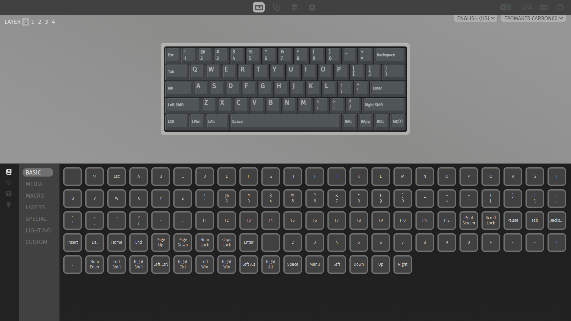 Epomaker Carbon60 Review – A Portable Low-Profile Keyboard with a Carbon Fiber Case 14 VIA web configurator showing customization options for the Epomaker Carbon60.