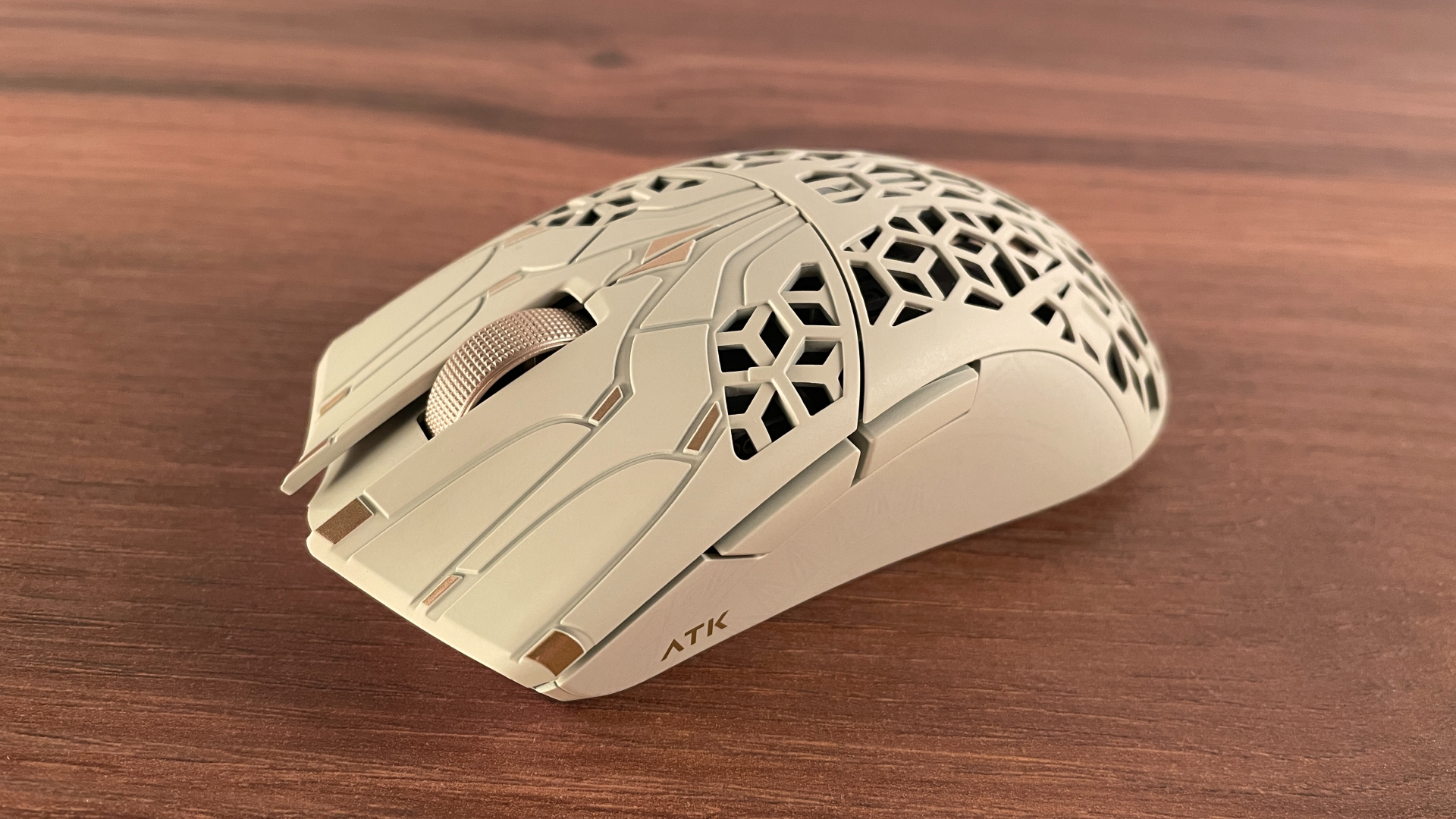 Close-up of the ATK Phantom gaming mouse, focusing on the main buttons.