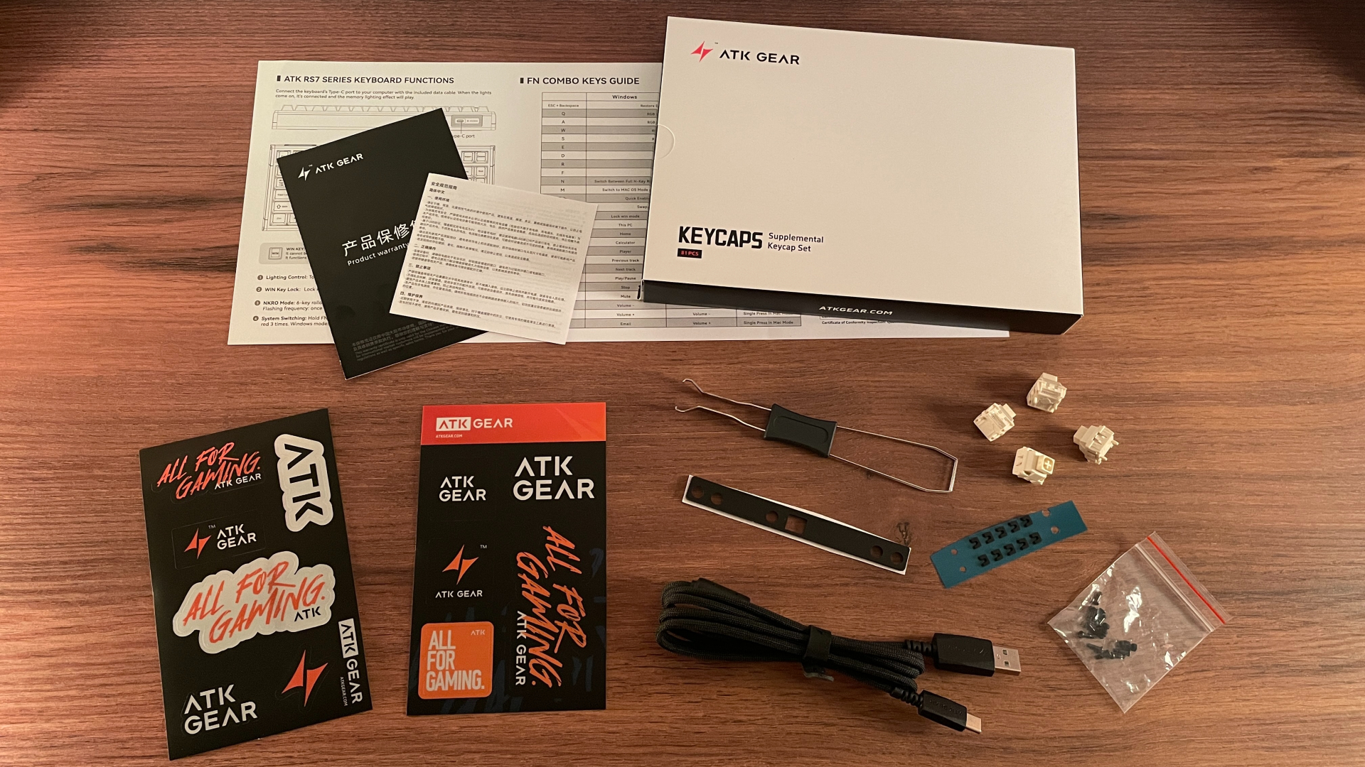ATK RS7 V2 Ultra Review – A 75% Hall Effect Keyboard With A Twist 6 The ATK RS7 V2 Ultra keyboard and all included accessories laid out together.