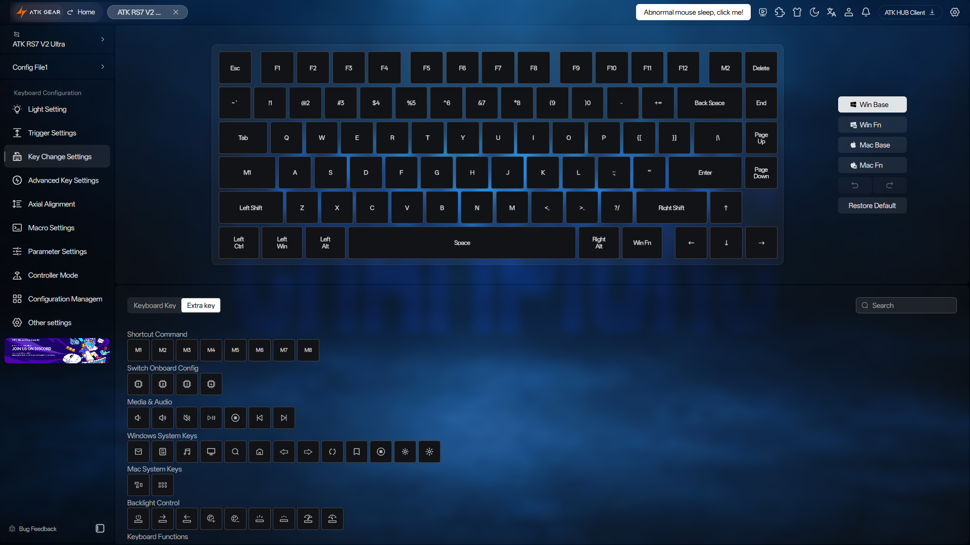 ATK RS7 V2 Ultra Review – A 75% Hall Effect Keyboard With A Twist 20 ATK HUB software with the Key Change Settings tab open.
