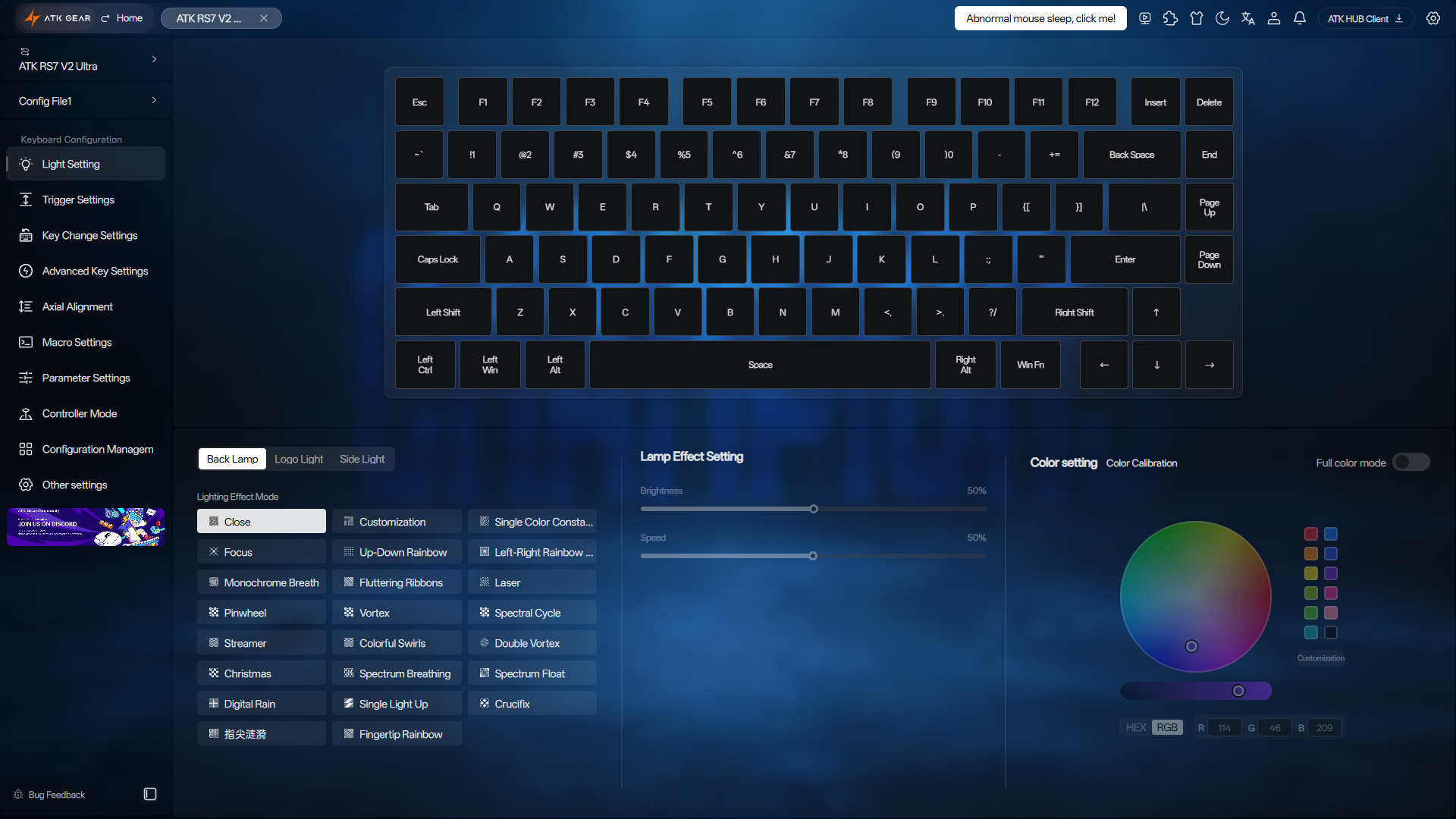 ATK RS7 V2 Ultra Review – A 75% Hall Effect Keyboard With A Twist 18 ATK HUB software with the Light Settings tab open.