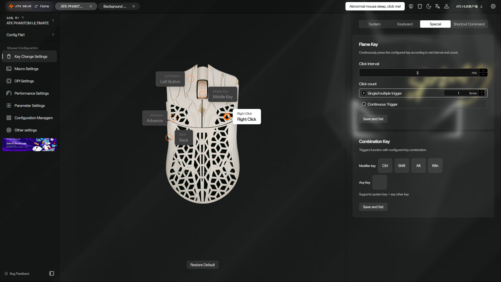 Screenshot of the Key Change Settings tab in the ATK HUB software.